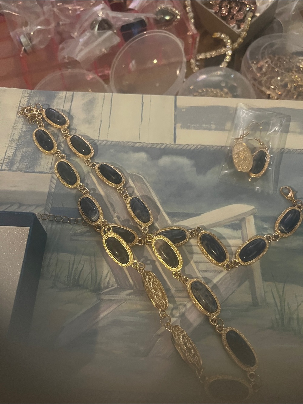 New Gold-Plated  Sodalite Necklace and earrings n Bracelet